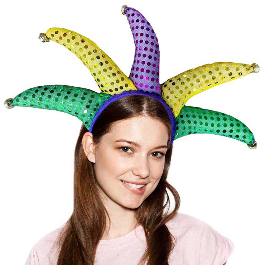 Multi Mardi Gras Jester Headband, Get in the festive mood with this fanciful Mardi Gras party Jester-style headband. Fashioned in Traditional Mardi Gras Colors. Fun for Mardi Gras or any time you want to play the jester. Whether you’re celebrating Fat Tuesday at home or heading out to a Mardi Gras parade, this jester headband makes a festive addition to your Mardi Gras apparel.