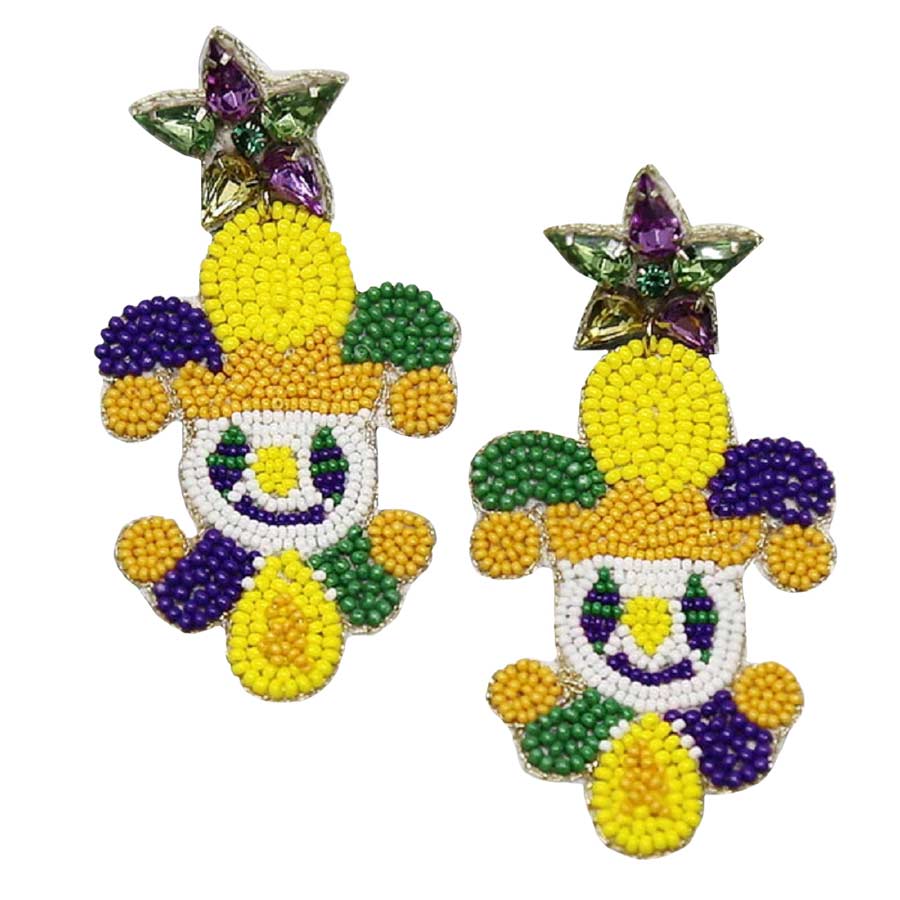 Multi Mardi Gras Jester Seed Bead Drop Earrings, this pair of mardi gras seed bead drop earrings will drop effortlessly from your earlobes bringing positive attention to your beautiful appearance. These seed bead Jester earrings feature a mardi gras theme with a beautiful combination of mardi gras colors & elements, including yellow, purple, & green seed bead details.