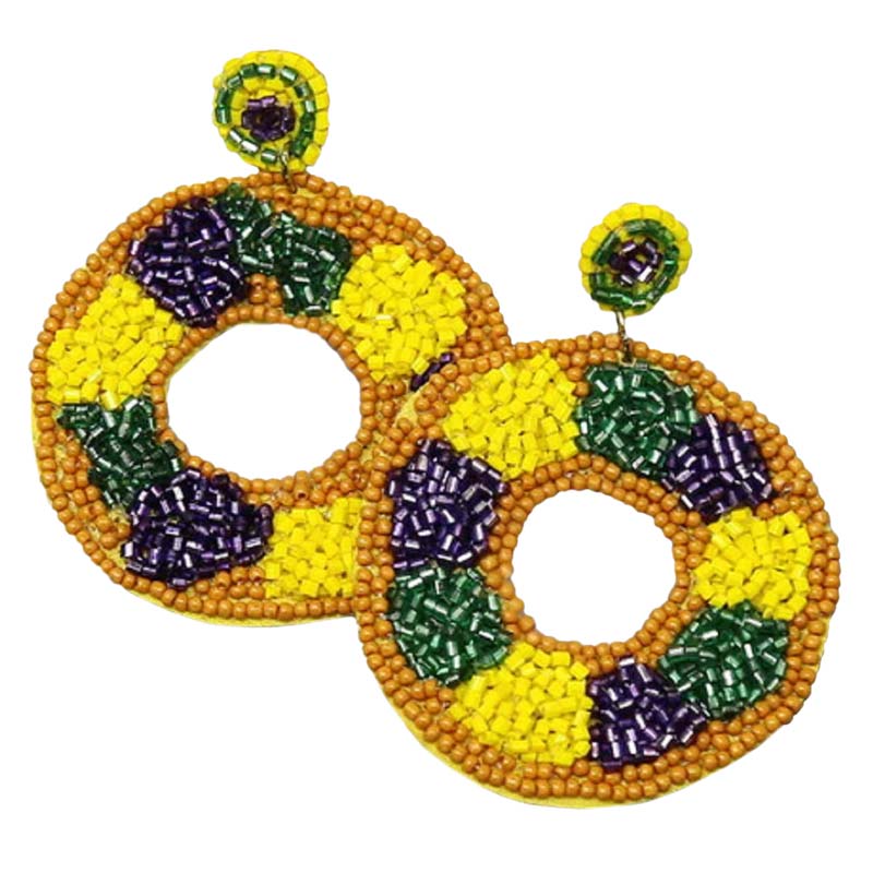 Multi Mardi Gras King's Cake Seed Bead Drop Earrings, this pair of mardi gras seed bead drop earrings will drop effortlessly from your earlobes bringing positive attention to your beautiful appearance. These seed bead King's cake earrings feature a mardi gras theme with a beautiful combination of mardi gras colors & elements, including yellow, purple, & green seed bead details.
