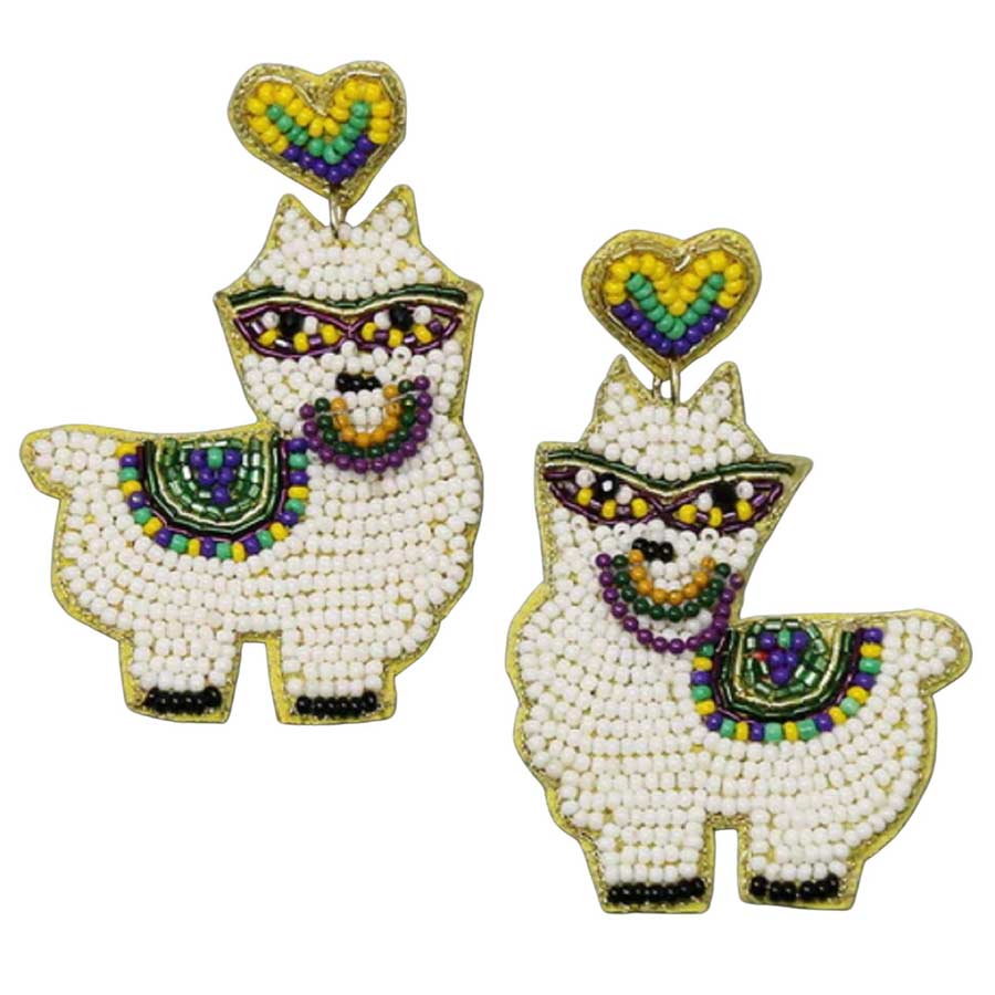 Multi Mardi Gras Llama Seed Bead Drop Earrings, are beautifully crafted earrings that drop on your earlobes with a perfect glow to make you stand out and show your unique and beautiful look on this mardi gras. Put on a pop of color to complete your ensemble stylishly with these Mardi Gras earrings. Have a gorgeous look with these Llama theme drop earrings.