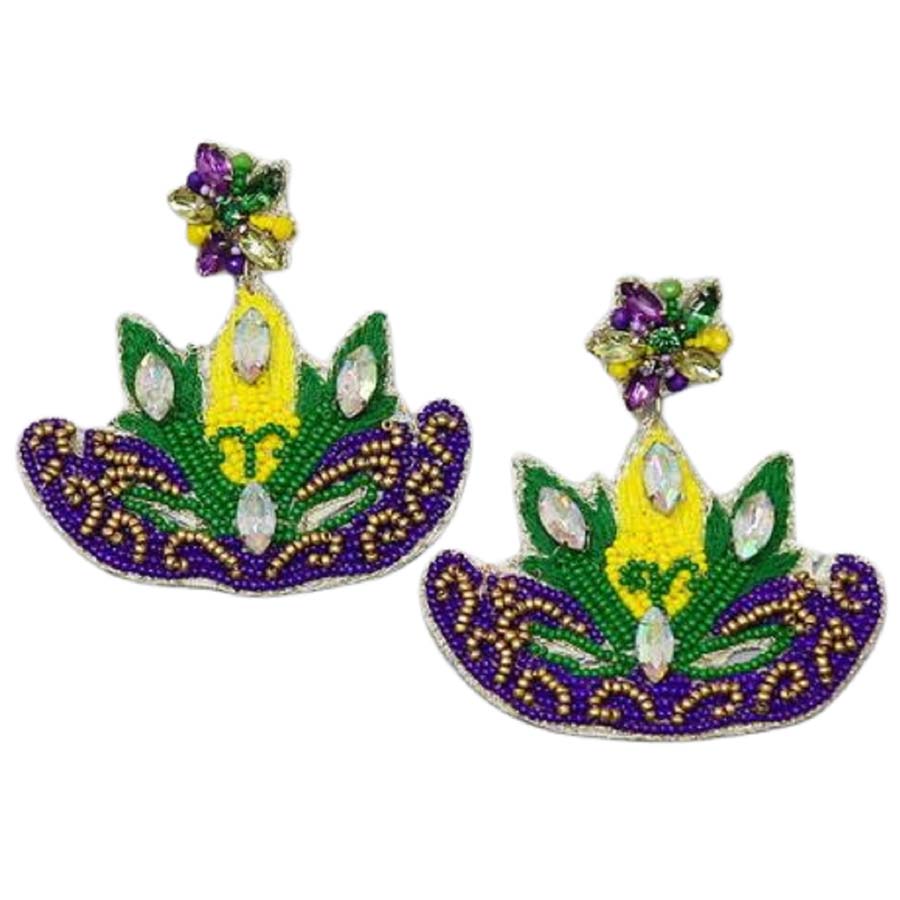 Multi Mardi Gras Mask Seed Bead Drop Earrings, this pair of mardi gras seed bead mask earrings will drop effortlessly from your earlobes bringing positive attention to your beautiful appearance. These seed bead earrings feature a mardi gras theme with a beautiful combination of mardi gras colors & elements, including yellow, purple, & green seed bead details.