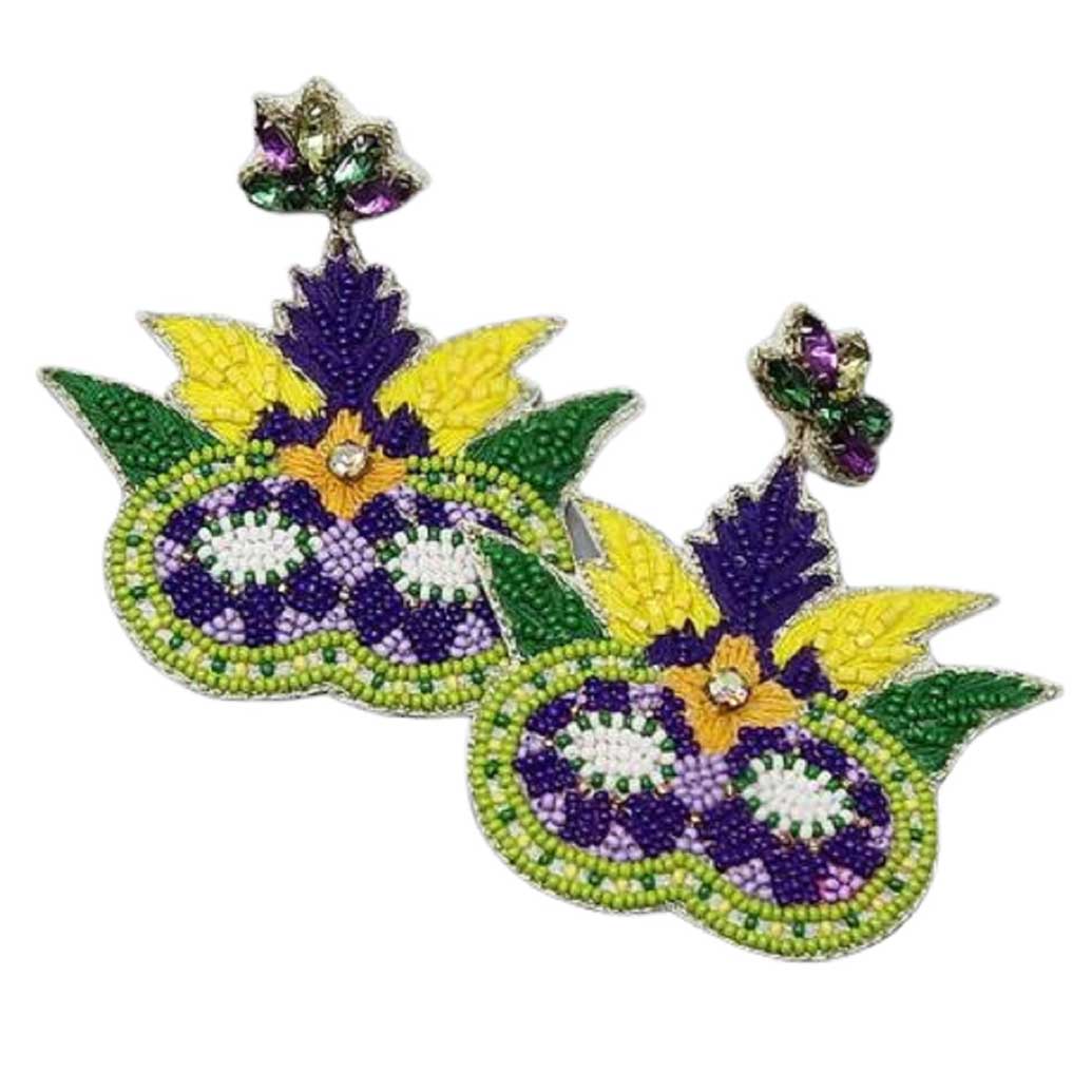 Multi This pair of beaded mardi gras earrings will drop effortlessly from the lobe, bringing positive attention to that beautiful face. Get into the holiday spirit with these gorgeous handcrafted earrings. This illuminates your mardi gras and attracts everyone's attention. 