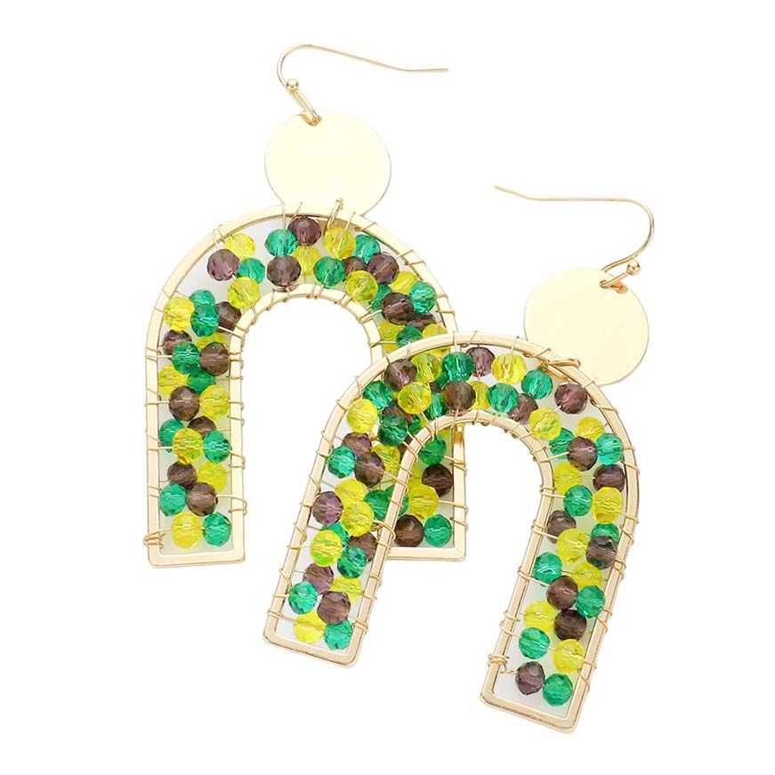 Multi Mardi Gras Metal Disc Faceted Bead Wrapped Metal Arch Dangle Earrings, are beautifully designed for Mardi Gras on a metal disc style to put on a pop of color and complete your ensemble. Perfect for adding the perfect beauty & glamor everywhere with these wrapped metal arc earrings. These Mardi Gras dangle earrings are handcrafted jewelry that fits your lifestyle.