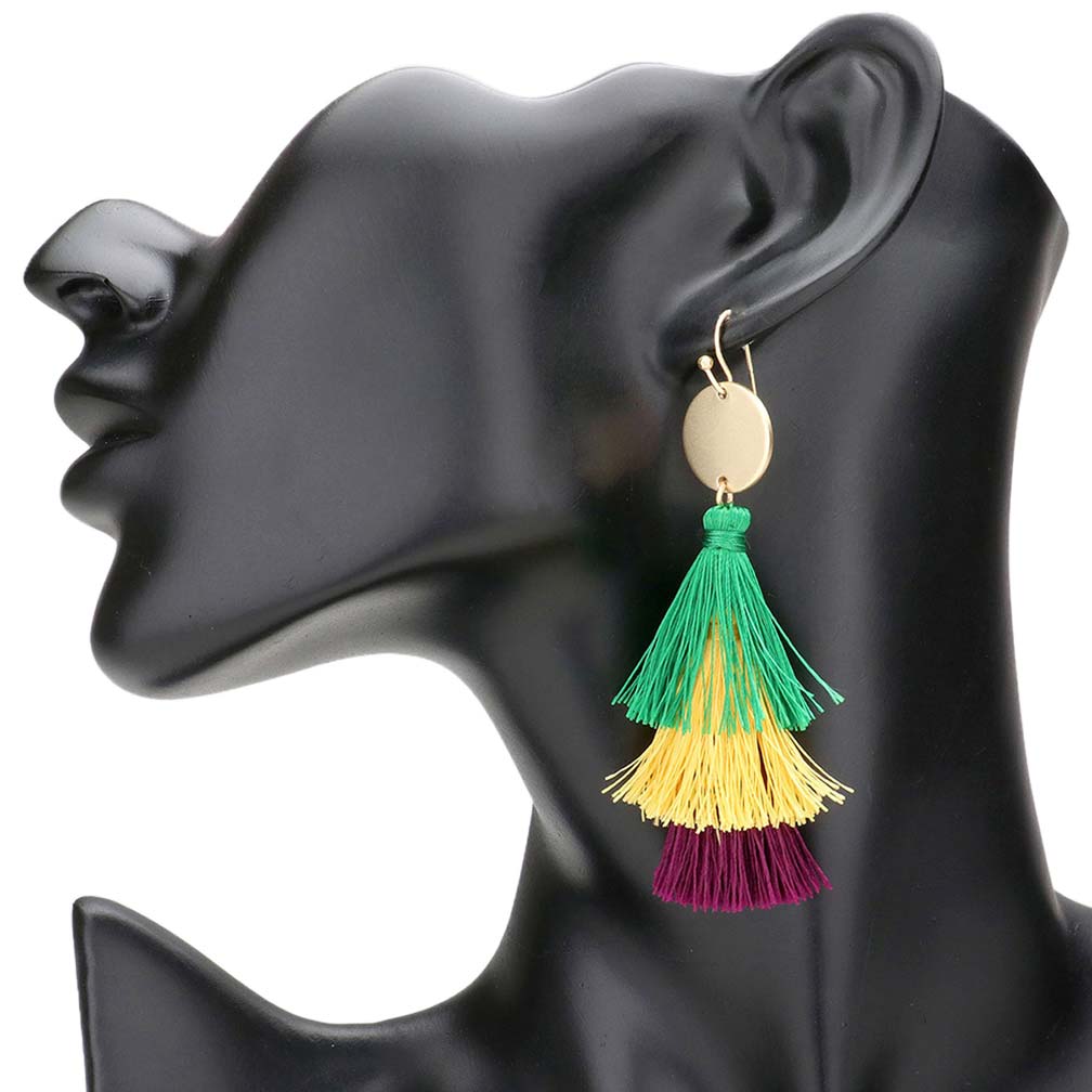 Mardi Gras Metal Disc Triple Layered Tassel Dangle Earrings, are beautifully designed for Mardi Gras on a tassel theme to put on a pop of color and complete your ensemble. Perfect for adding the perfect beauty & glamor everywhere. These tassel earrings are handcrafted jewelry that fits your lifestyle.