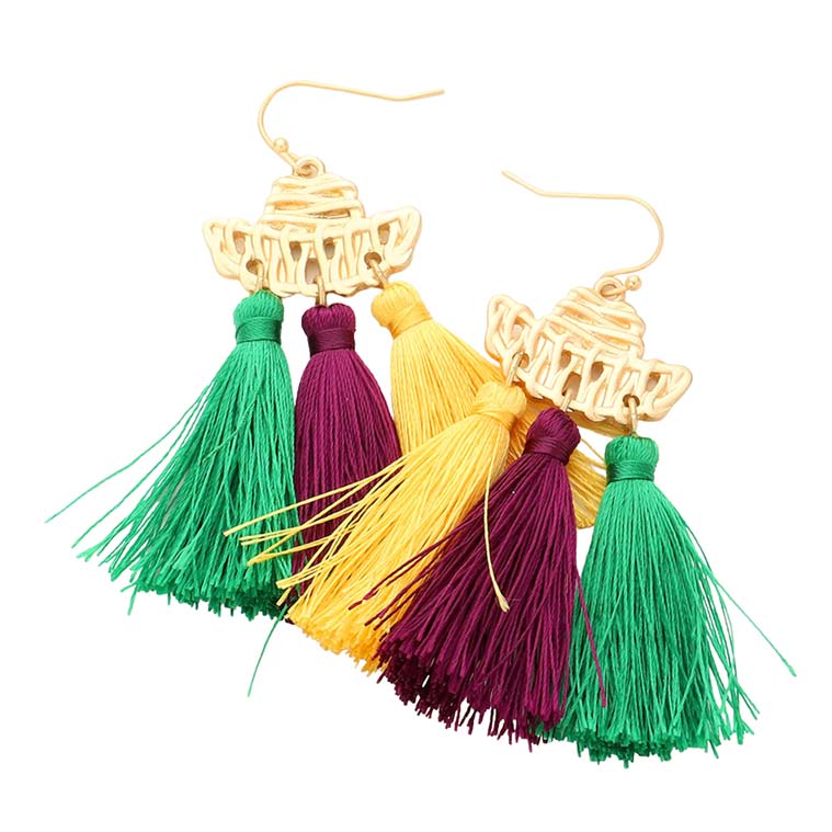Multi Mardi Gras Metal Hat Triple Tassel Link Dangle Earrings, are beautifully designed for Mardi Gras on a tassel theme to put on a pop of color and complete your ensemble. Perfect for adding the perfect beauty & glamor everywhere with these metal hat earrings. These triple-circle earrings are handcrafted jewelry that fits your lifestyle. Coordinate these earrings with any ensemble from business casual to everyday wear.