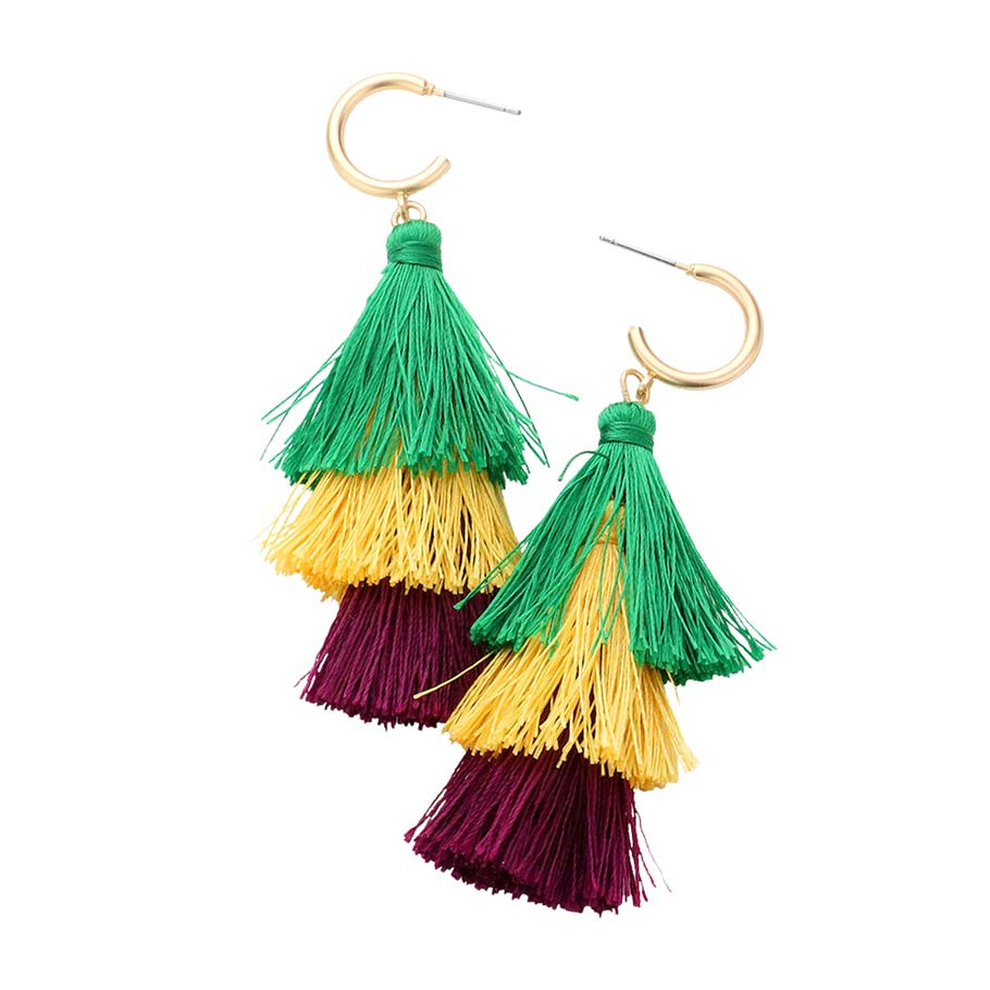Multi Mardi Gras Metal Hoop Triple Layered Tassel Dangle Earrings, are beautifully designed for Mardi Gras on a tassel theme to put on a pop of color and complete your ensemble. Perfect for adding the perfect beauty & glamor everywhere with these metal hoop earrings. These triple-layered tassel earrings are handcrafted jewelry that fits your lifestyle. Coordinate these earrings with any ensemble from business casual to everyday wear.