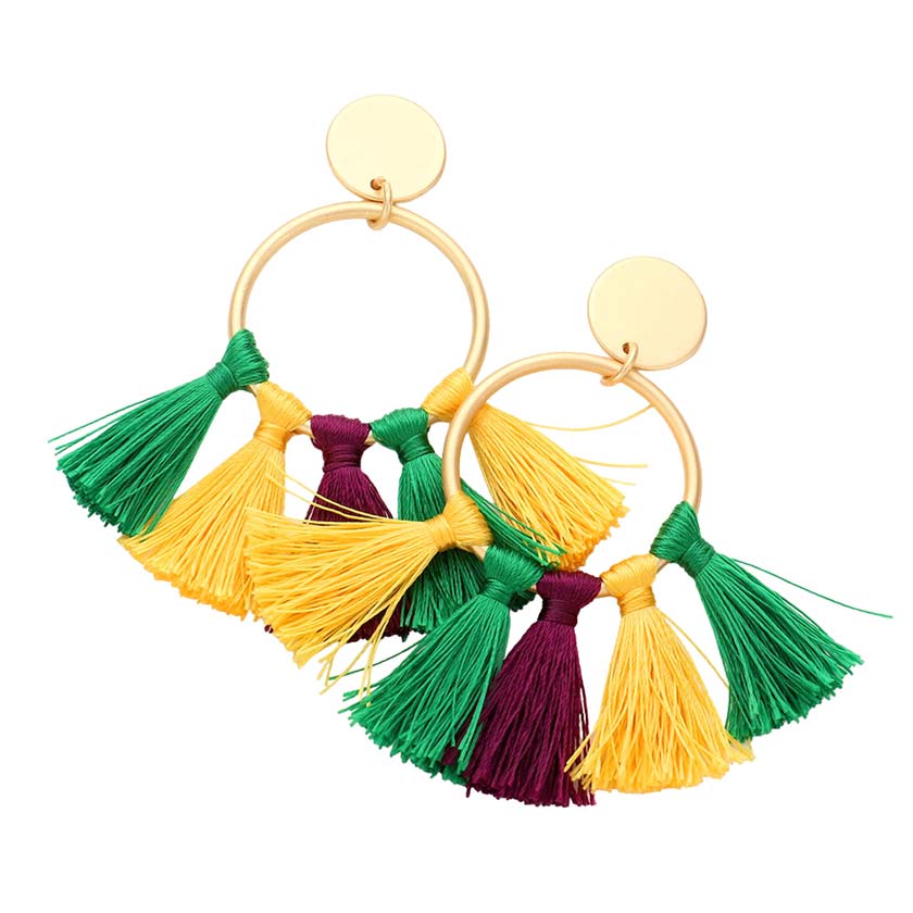 Multi Mardi Gras Open Metal Circle Tassel Fringe Dangle Earrings, are beautifully designed for Mardi Gras on a tassel theme to put on a pop of color and complete your ensemble. Perfect for adding the perfect beauty & glamor everywhere with these fringe-style earrings. These open metal circle earrings are handcrafted jewelry that fits your lifestyle.