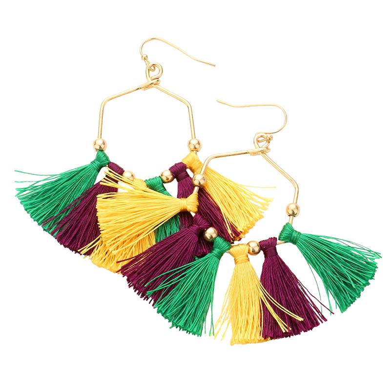 Multi Mardi Gras Open Metal Hexagon Tassel Fringe Dangle Earrings, are beautifully designed for Mardi Gras on a tassel theme to put on a pop of color and complete your ensemble. Perfect for adding the perfect beauty & glamor everywhere  with these fringe style earrings. These tassel earrings are handcrafted jewelry that fits your lifestyle.