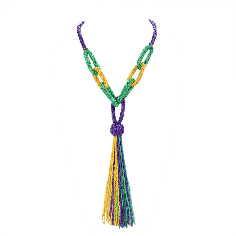 Multi Mardi Gras Seed Bead Knot Fringe Long Necklace, Beautifully crafted design adds a gorgeous glow to any outfit. Wear this Mardi Gras fringe necklace with any outfit to make you stand out from the crowd. The perfect style on Mardi Gras. Jewelry that fits your lifestyle in a beautiful way. 