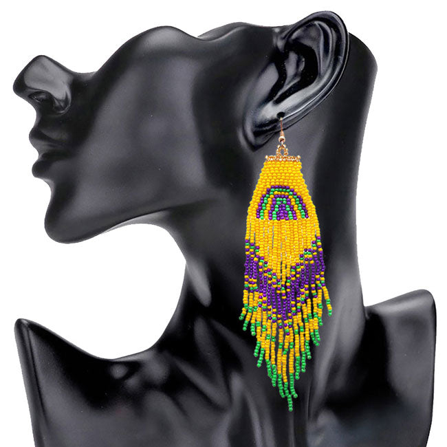 Multi Mardi Gras Seed Beaded Fringe Dangle Earrings, extremely light weight. perfect for Mardi Gras Parades, Parties, Festivals, you name it! The perfect statement piece! Fat Tuesday Earrings, Mardi Gras Accessories, Purple Green & Gold, Mardi Gras Jewelry, Mardi Gras Gift.