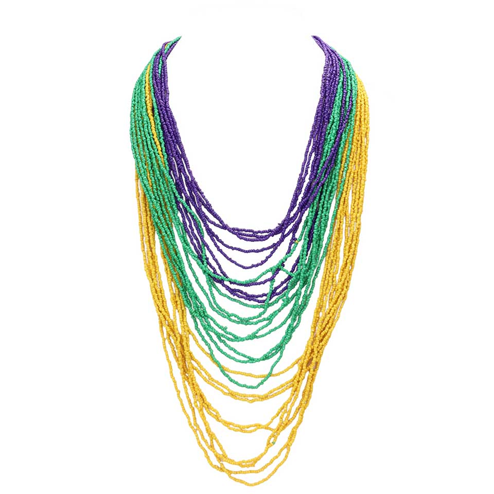 Multi Mardi Gras Seed Beaded Multi Layered Bib Toggle Necklace, Beautifully crafted design adds a gorgeous glow to any outfit. Wear this Seed Beaded bib necklace with any outfit to make you stand out from the crowd with perfect style on Mardi Gras. Jewelry that fits your lifestyle in a beautiful way. Perfect gift for Birthdays, anniversaries, Mother's Day, Graduation, Prom Jewelry, Just Because, Thank you, Mardi Gras, Valentine's Day, etc. Stay unique, yet beautiful!