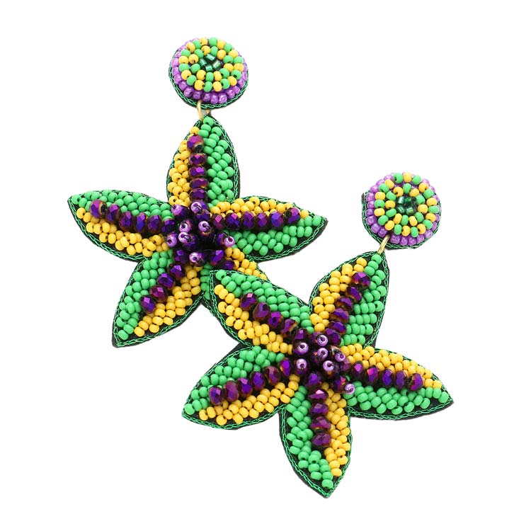 Multi Mardi Gras Seed Beaded Starfish Dangle Earrings, are beautifully designed with a polished finish and lifelike details. It will add a unique attraction to your attire & draw attention to you. This sea life-themed finely crafted jewelry is an unforgettable, unique gift for women. The starfish earrings are perfect for a Holiday gift, Anniversary gift,  Birthday gift, or Valentine's Day gift for a woman or girl of any age.
