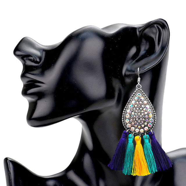 Multi Mardi Gras Stone Embellished Metal Teardrop Dangle Earrings, extremely light weight. perfect for Mardi Gras Parades, Parties, Festivals, you name it! The perfect statement piece! Fat Tuesday Earrings, Mardi Gras Accessories, Purple Green & Gold, Mardi Gras Jewelry, Mardi Gras Gift.