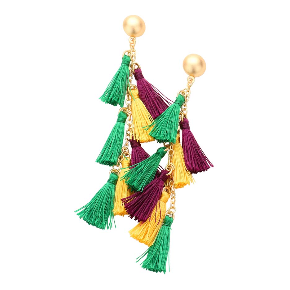 Multi Mardi Gras Tassel Cluster Vine Dangle Earrings, are beautifully designed for Mardi Gras on a tassel theme to put on a pop of color and complete your ensemble. Perfect for adding the perfect beauty & glamor everywhere with these cluster vine earrings. These tassel dangle earrings are handcrafted jewelry that fits your lifestyle. Coordinate these earrings with any ensemble from business casual to everyday wear.