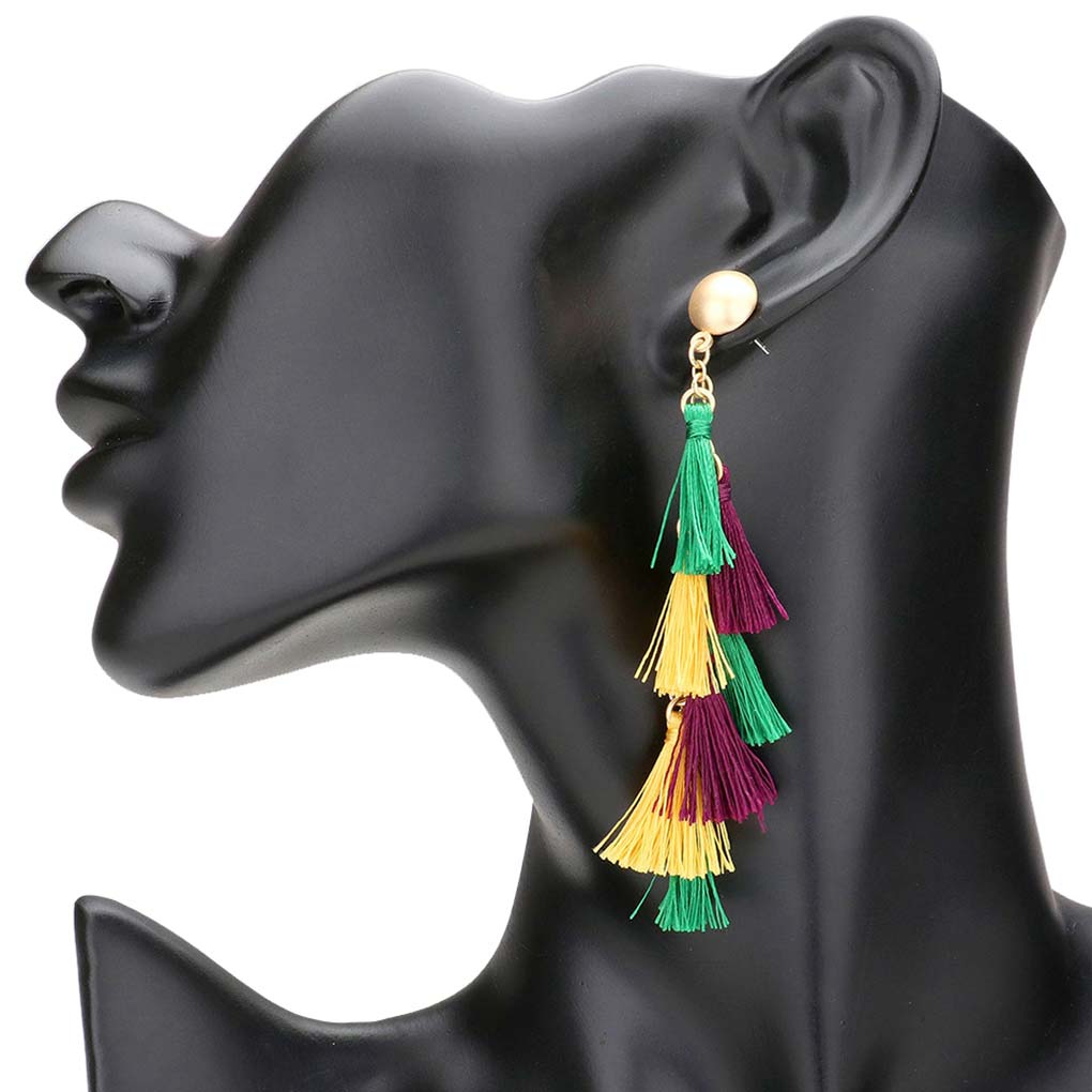 Multi Mardi Gras Tassel Cluster Vine Dangle Earrings, are beautifully designed for Mardi Gras on a tassel theme to put on a pop of color and complete your ensemble. Perfect for adding the perfect beauty & glamor everywhere with these cluster vine earrings. These tassel dangle earrings are handcrafted jewelry that fits your lifestyle. Coordinate these earrings with any ensemble from business casual to everyday wear.