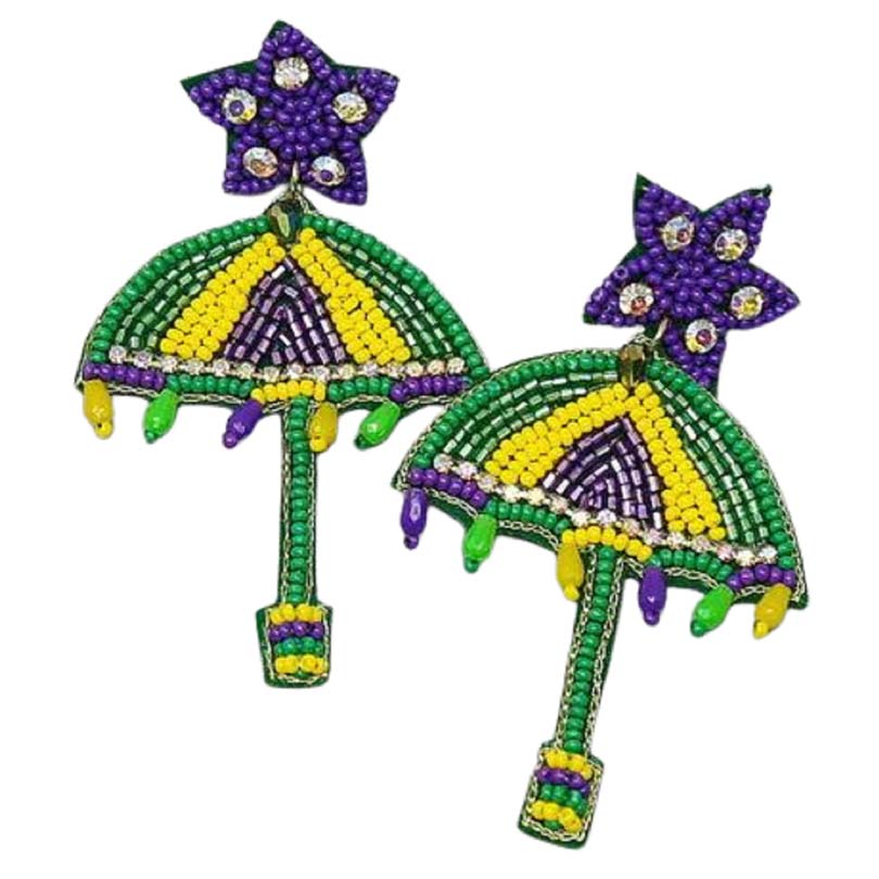 Multi Mardi Gras Umbrella Seed Bead Drop Earrings, this pair of mardi gras umbrella earrings will drop effortlessly from your earlobes bringing positive attention to the beautiful appearance. These seed bead earrings feature a mardi gras theme with a beautiful combination of mardi gras colors & elements, including yellow, purple, & green seed bead details.