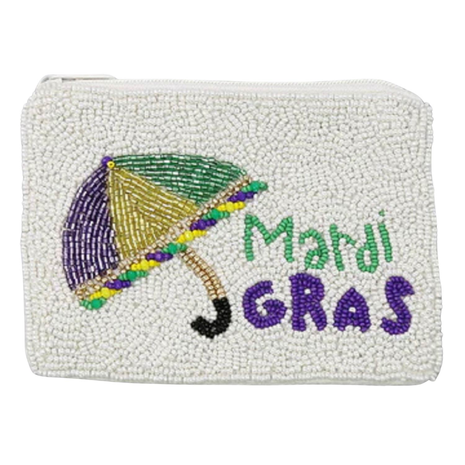 Multi Mardi Gras Umbrella Seed Beaded Coin Purse, Be the ultimate fashionista carrying this trendy mardi gras seed beaded purse bag! Great for when you need something small to carry or drop in your bag. perfect for makeup, money, credit cards, keys or coins, and many more things. This handbag features a top zipper closure for security. 