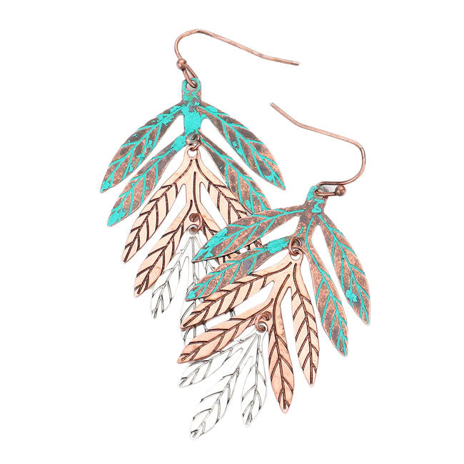 Multi Metal Leaf Dangle Earrings. These flower leaf themed earrings are fun handcrafted jewelry that fits your lifestyle, adding a pop of pretty color. Beautifully crafted design adds a gorgeous glow to any outfit. Enhance your attire with these vibrant artisanal earrings to show off your fun trendsetting style. Great gift idea for Wife, Mom, or your Loving One.