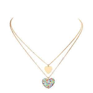 Multi Metal Rhinestone Pave Heart Pendant Double Layered Necklace, This beautiful heart-themed pendant necklace is the ultimate representation of your class & beauty. Get ready with these heart pendant necklaces to receive compliments putting on a pop of color to complete your ensemble in perfect style for anywhere, any time.
