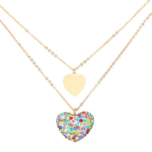 Multi Metal Rhinestone Pave Heart Pendant Double Layered Necklace, This beautiful heart-themed pendant necklace is the ultimate representation of your class & beauty. Get ready with these heart pendant necklaces to receive compliments putting on a pop of color to complete your ensemble in perfect style for anywhere, any time.