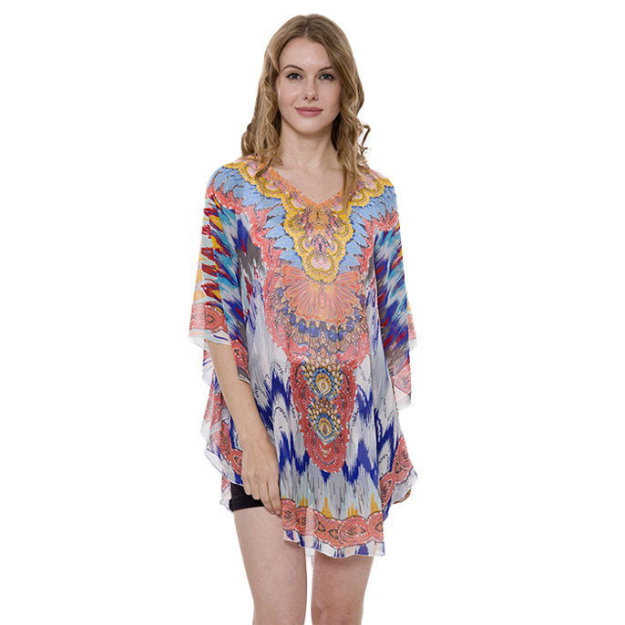 Multi Mixed Print Cover Up Poncho, this lightweight Cover Up poncho featuring mixed  print and a relaxed silhouette. A fashionable eye catcher, will quickly become one of your favorite accessories, Look perfectly breezy and laid-back as you head to the beach. Great for dating, hanging out, vacation, holiday, outwear. Perfect Gift for Wife, Birthday, Holiday, Fun Night Out.