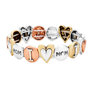 Multi Mom Heart Embossed Metal Stretch Bracelet.  Make your mom feel special with this gorgeous stretch Bracelet gift! Her heart will swell with joy! Designed to add a gorgeous stylish glow to any outfit. Show mom how much she is appreciated & loved.  This mom's bracelet is the best appreciation gift and regards to love, sacrifice, pain and care both given and taken in playing her role of mother in the family.