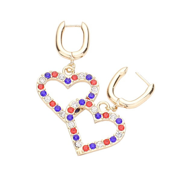Multi Stone Embellished Open Heart Dangle Huggie Earrings USA Earrings; Show your love for the USA; red, white and blue rhinestones for fashionable patriotic flair. Rhinestone Open Heart USA Huggie Earrings, great for Independence Day, 4th of July, Memorial Day, Flag Day, Labor Day, Election Day, Veterans Day, President Day