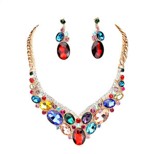 Multi Oval Glass Crystal Evening Necklace, Glass Statement Crystal stunning jewelry set will sparkle all night long making you shine out like a diamond. make a stylish addition to your fashion necklace and jewelry collection. put on a pop of color to complete your ensemble. perfect for a night out on the town or a black tie party, Perfect Gift, Birthday, Anniversary, Prom, Mother's Day Gift, Wedding, Bridesmaid etc.