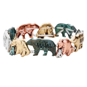 Multi Patina Verdigris Mama Metal Stretch Bracelet, Get ready with these Stretch Bracelet, put on a pop of color to complete your ensemble. This Animal theme Mama Metal Stretch Bracelet will makes you feel elegant and stylish. Perfect gift for Birthday, Anniversary, Christmas, Just Because, Dog Mom as well as for the women in your lives who love bear.