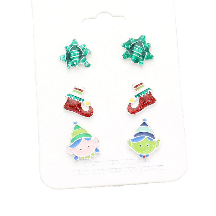 Multi Post Back Christmas Gift Bow Glittered Elf Stud Earrings. Get ready with these bright post back earrings, add a pop of color to your ensemble. Perfect for adding just the right amount of shimmer & shine and a touch of class to special events. Perfect Birthday Gift, Anniversary Gift, Mother's Day Gift, Graduation Gift.