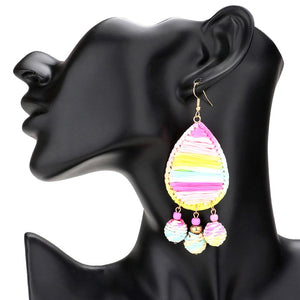 Multi Raffia Wrapped Teardrop Triple Ball Link Dangle Earrings, enhance your attire with these beautiful raffia-wrapped teardrop earrings to show off your fun trendsetting style. Can be worn with any daily wear such as shirts, dresses, T-shirts, etc. These triple-ball link dangle earrings will garner compliments all day long. 
