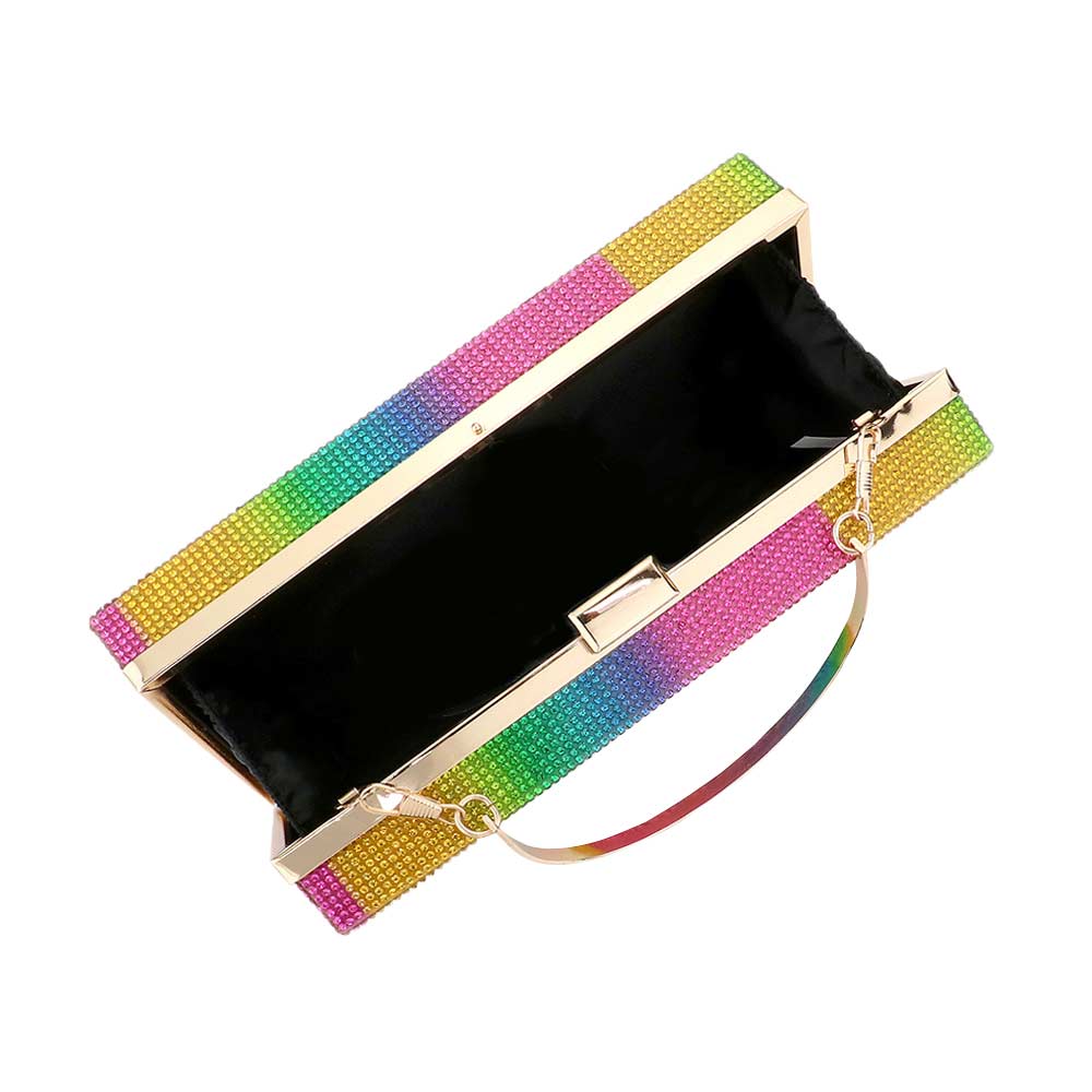 Multi Rainbow Bling Rectangle Evening Tote Clutch Crossbody Bag, this clutch adds a nice touch to your bridal shower look & on your wedding day. Perfect for makeup, money, credit cards, keys or coins, and many more things. Perfect gift ideas for a Birthday, Holiday, Christmas, Anniversary, Valentine's Day, etc.
