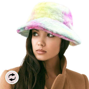 Multi Colour Reversible Colorful Soft Faux Fur Bucket Hat, stay warm and cozy, protect yourself from the cold, this most recognizable look with remarkable bold, soft & chic bucket hat, features a rounded design with a short brim. The hat is foldable, great for daytime. Perfect Gift for cold weather; Brown & Multi.