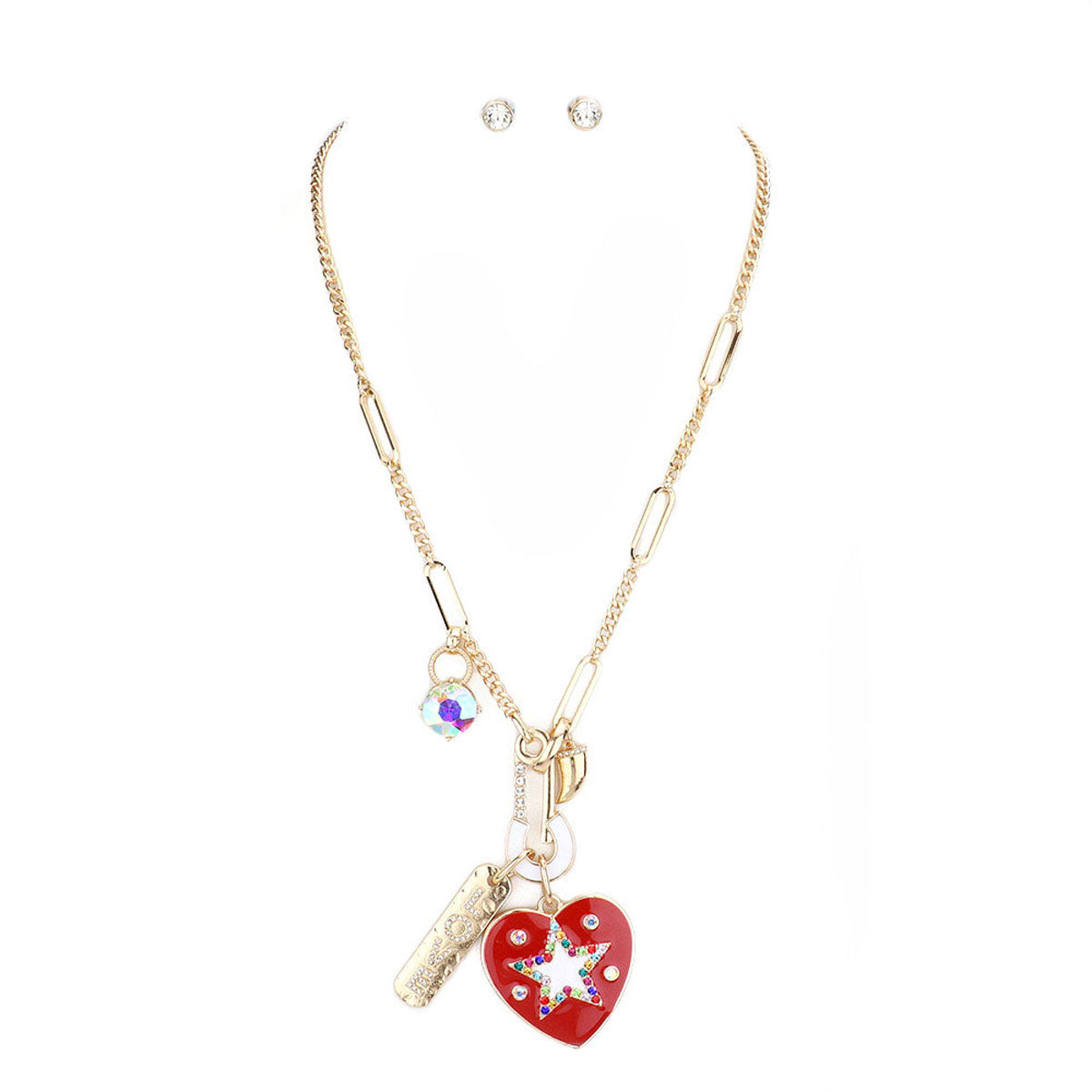 Multi Rhinestone Embellished Safety Pin Love Star Centered Enamel Heart Pendant Necklace, Get ready with these Pendant Necklace, put on a pop of color to complete your ensemble. Perfect for adding just the right amount of shimmer & shine . Perfect Birthday Gift, Valentine's Gift, Anniversary Gift, Mother's Day Gift.