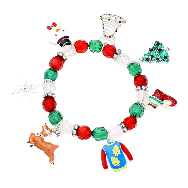Multi Rudolph Jingle Bell Snowman Christmas Tree Charm Station Stretch Bracelet. Get ready for Christmas with these bracelets. Carry the spirit of Christmas with you wherever you go. Perfect for adding just the right amount of shimmer & shine and a touch of class to special events. Perfect Christmas gift for your loved ones.