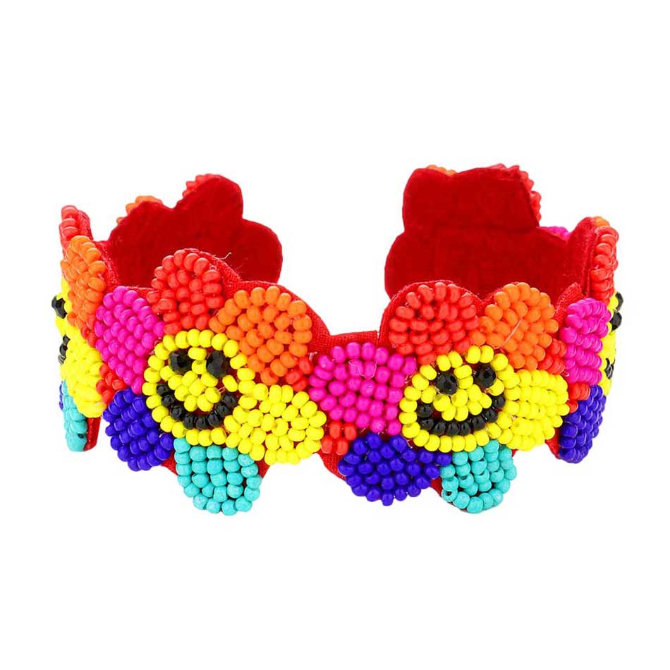 Multi Seed Beaded Smile Flower Cuff Bracelet, jewelry that fits your lifestyle, adding a pop of pretty color. Enhance your your attire with this vibrant beautiful modish smile flower cuff bracelet. Goes with any of your casual outfits and Adds something extra special. Great gift idea for Birthday, Mothers day, Friendship Day or any other special day.