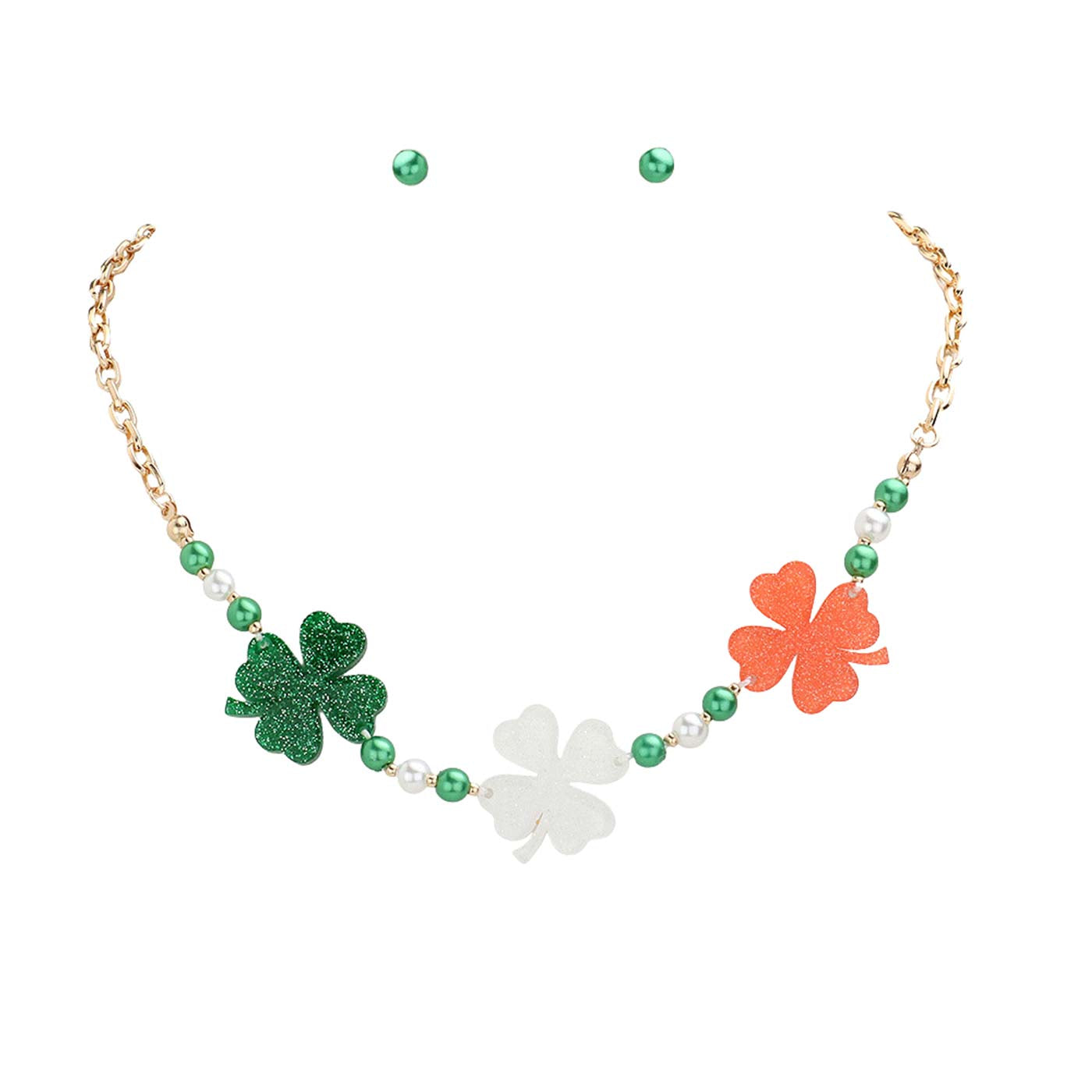 Multi St. Patrick's Day Triple Glittered Resin Clover Pearl Necklace, is perfect to accent your love for the Irish while wearing this beautiful jewelry set. The luck of St. Patrick's Day will be with you this year with these beautiful pearl pendant necklaces. These cute glittered resin necklaces are the perfect accessory to finish off St. Patrick's Day or any festive look. Show your unique & beautiful choice with this St. Patrick's Day clover pearl nec