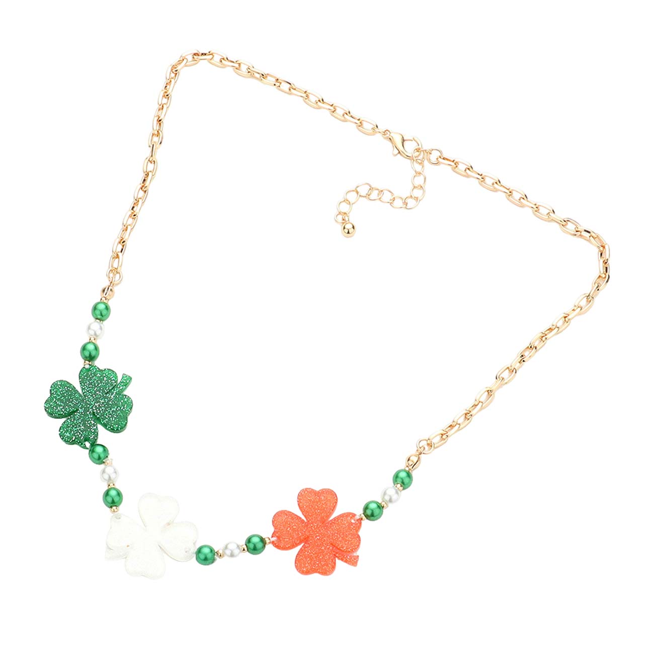 Multi St. Patrick's Day Triple Glittered Resin Clover Pearl Necklace, is perfect to accent your love for the Irish while wearing this beautiful jewelry set. The luck of St. Patrick's Day will be with you this year with these beautiful pearl pendant necklaces. These cute glittered resin necklaces are the perfect accessory to finish off St. Patrick's Day or any festive look. Show your unique & beautiful choice with this St. Patrick's Day clover pearl nec