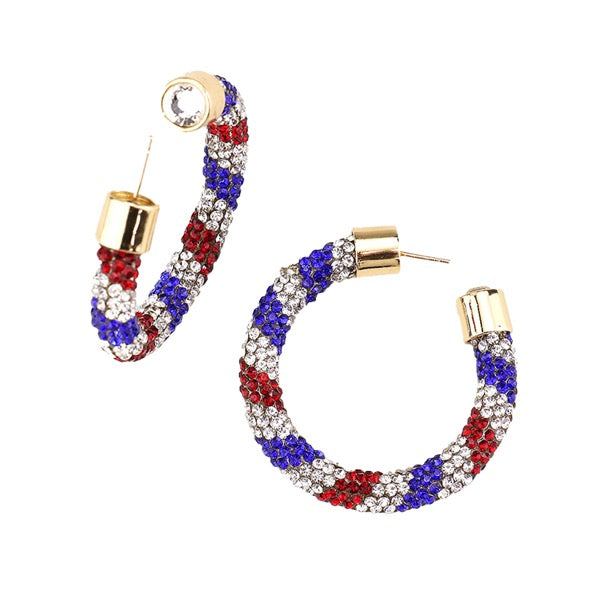 Multi Rhinestone Detail Clear Stone Pave Half Hoop USA Patriotic Earrings; Show your love for the USA, American flag pattern for a fashionable fireworks flair. Studded Rhinestone American USA Flag Earrings, great for Independence Day, 4th of July, Memorial Day, Flag Day, Labor Day, Election Day, Veterans Day, President Day