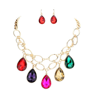 Multi Teardrop Stone Accented Open Metal Oval Link Evening Necklace, this gorgeous jewelry set will show your class on any special occasion. The elegance of these stones goes unmatched, great for wearing at a party! stunning jewelry set will sparkle all night long making you shine like a diamond on special occasions. Perfect jewelry to enhance your look and for wearing at parties, weddings, date nights, or any special event.