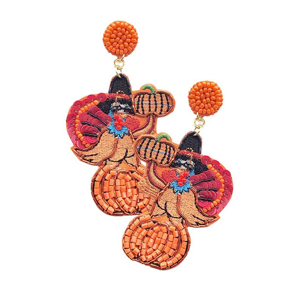 Trendy Felt Back Beaded Turkey Dangle Earrings. Get ready with these Animal theme Turkey printed earrings as part of your festive outfit. The colors are vibrant and the design is a seasonal delight. This  animal earrings can be worn for Halloween parties, cosplay, costume party, display, birthday, Thanksgiving, events, festivals, and so on, also nice for festive decorations gifts for your friend's and families.