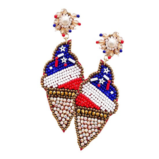 Multi Felt Back Seed Beaded American USA Flag Ice Cream Dangle Earrings; Show your love for the USA, American flag pattern for a bit of fashionable fireworks flair. Ice Cream Bead American USA Flag Earrings, great for Independence Day, 4th of July, Memorial Day, Flag Day, Labor Day, Election Day, Veterans Day, President Day