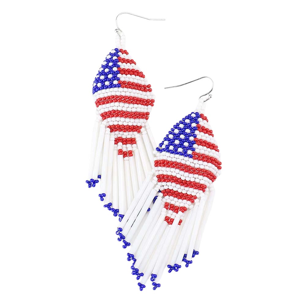 Multi USA Flag Seed Beaded Fringe Earrings, show your love for our country with these patriotic USA-style seed beaded fringe earrings. Featuring red, white, and blue for a bit of fashionable fireworks flair. These fringe-themed earring rocks every party you attend.