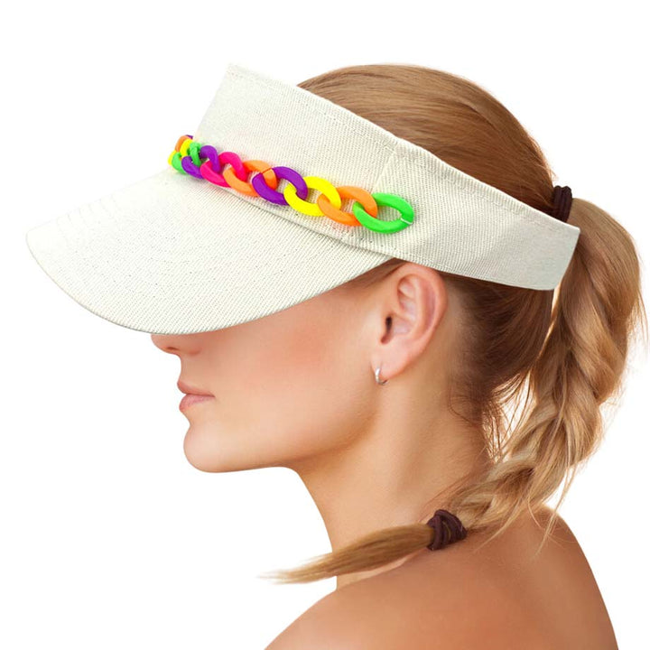 Multi White Chain Band Visor Hat, Keep your styles on even when you are relaxing at the pool or playing at the beach. Large, comfortable, and perfect for keeping the sun off of your face, neck, and shoulders Perfect summer, beach accessory. Ideal for travelers who are on vacation or just spending some time in the great outdoors.