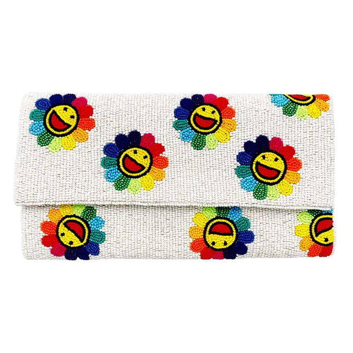 Multi White Smile Flower Seed Beaded Clutch Crossbody Bag, Look like the ultimate fashionista when carrying this small Clutch bag, great for when you need something small to carry or drop in your bag. Keep your keys handy & ready for opening doors as soon as you arrive.