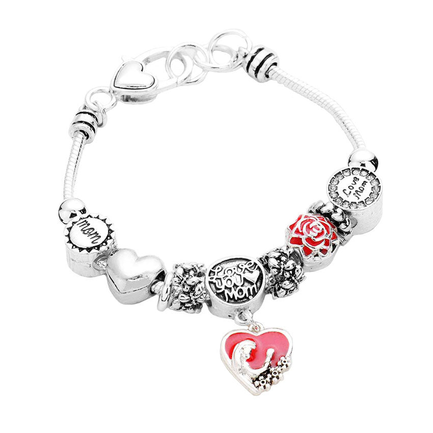Multi Worn Silver Love you Mom Charm Multi Bead Bracelet. Make your mom feel special with this gorgeous Charm Bracelet gift! Show mom how much she is appreciated & loved. This piece is versatile and goes with practically anything! This mom's bracelet is the best appreciation gift and regards to love, sacrifice, pain and care both given and taken in playing her role of mother in the family. Perfect Mother's Day gift for all the special women in your life, be it mother, wife, sister or daughter..