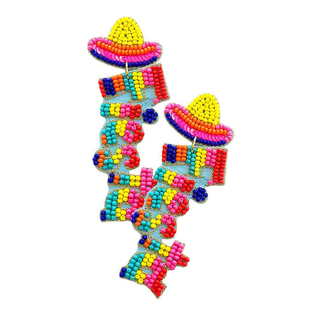Multi Yellow Fiesta Felt Back Seed Beaded Hat Message Dangle Earrings, Seed Beaded  Dangle earrings fun handcrafted jewelry that fits your lifestyle, adding a pop of pretty color. Enhance your attire with these vibrant artisanal earrings to show off your fun trendsetting style. Great gift idea for Wife, Mom, or your Loving One.