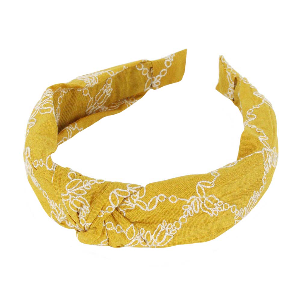 Mustard Embroidery Flower Burnout Knot Headband, creates a natural & beautiful look while perfectly matching your color with the easy-to-use Knot Burnout Headband. Push your hair back and spice up any plain outfit with this knot headband! Be the ultimate trendsetter & be prepared to receive compliments wearing this chic headband with all your stylish outfits! 