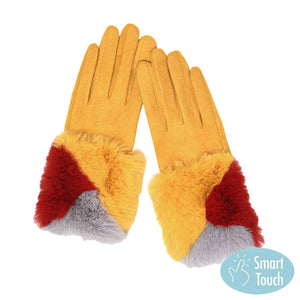 Mustard Color Block Faux Fur Cuff Accented Soft Suede Smart Gloves, gives your look so much eye-catching texture w cool design, a cozy feel, fashionable, attractive, cute looking in winter season, these warm accessories allow you to use your phones. Perfect Birthday Gift, Valentine's Day Gift, Anniversary Gift.