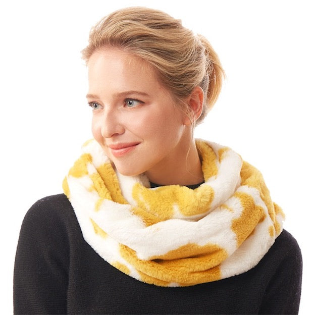 Mustard Cow Patterned Cattle Print Plush Faux Fur Winter Sherpa Infinity Scarf; delicate, warm, on trend & fabulous, deluxe addition to any cold-weather ensemble. Wraparound, loops around neck, great for daily wear. Perfect Gift Birthday, Christmas, Anniversary, Holiday, Valentine's Day, Loved One